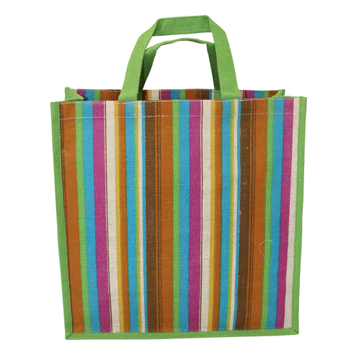 Self Handle Multicolor Stripe Print Dyed Color PP Laminated Jute Bag