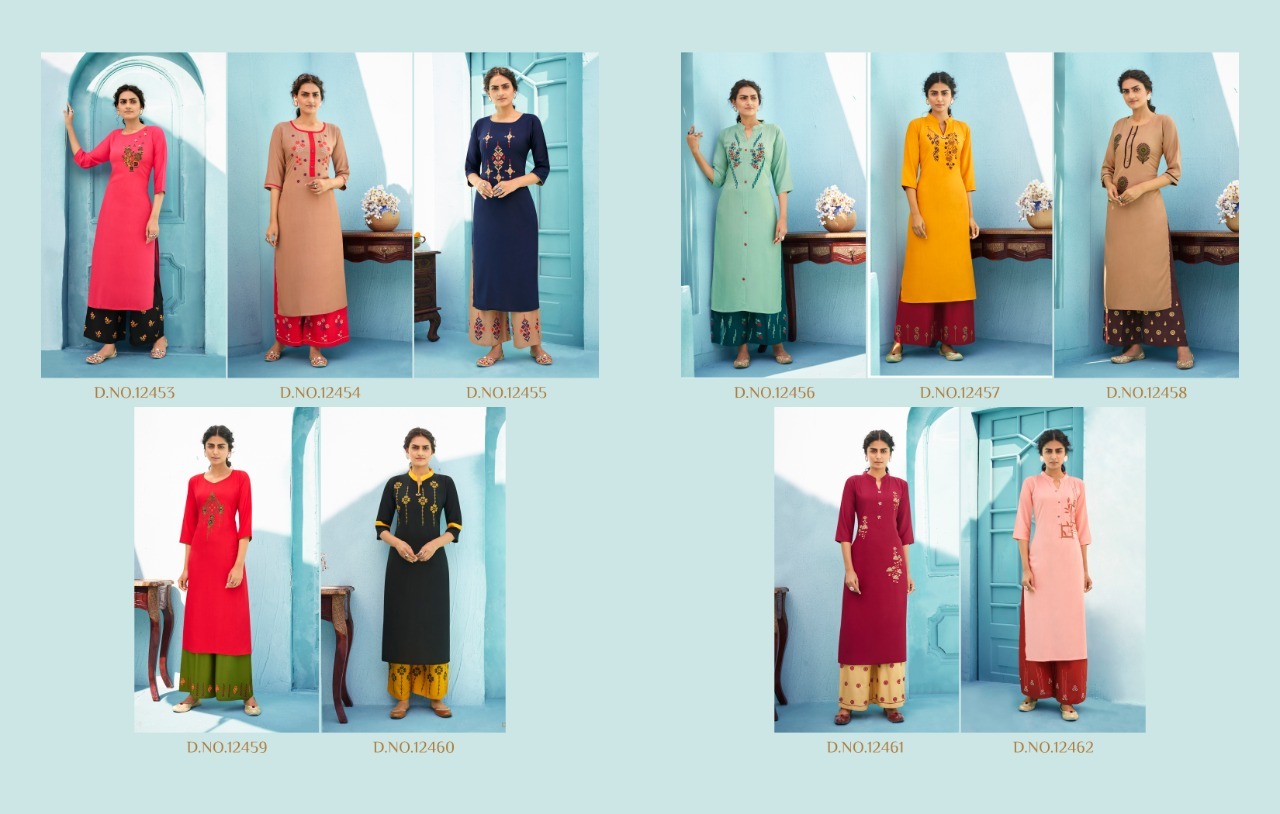 Kalaroop Milka Rayon With Fancy Embroidery Work Kurti With Plazzo Catalog