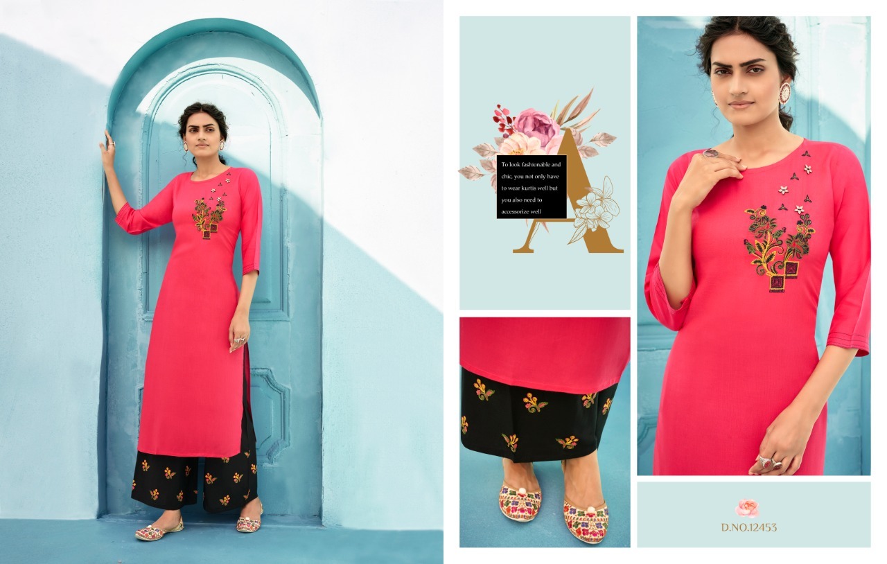 Kalaroop Milka Rayon With Fancy Embroidery Work Kurti With Plazzo Catalog
