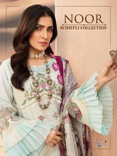 Shree Fab Noor Schiffli Collection - Cotton Lawn Suit with Heavy Embroidery, Multi Color Design, Full Sleeves, Washable and Dry Cleanable, Includes Semi Lawn Bottom and Digital Print Siffon Dupatta