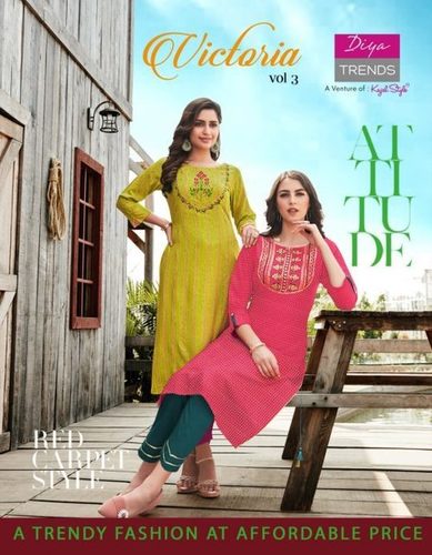 Diya Trends Victoria Vol 3 Rayon Print And Embroidery Work Kurti Catalog
