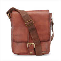 Tan Solid Leather Messenger Bag