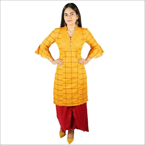 Women Yellow Color Cotton Kurti With Skirt Palazzo