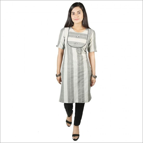 Women White Grey Cotton Kurti With Rayon Pant - Cotton/Rayon Blend Casual Wear Comfortable Fit Elegant Design for Everyday Fashion