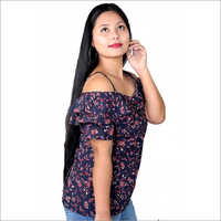 Womens & Girls Blue Red Color Flower Printed Crepe Top