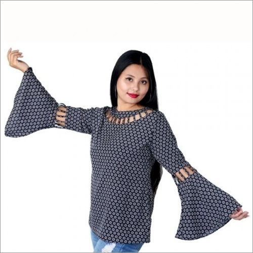 Womens & Girls Blue Printed Crepe Top - Crepe Material, Regular Fit, Vibrant Blue Color | Ideal for Casual Wear, Versatile Styling, Comfortable Fabric