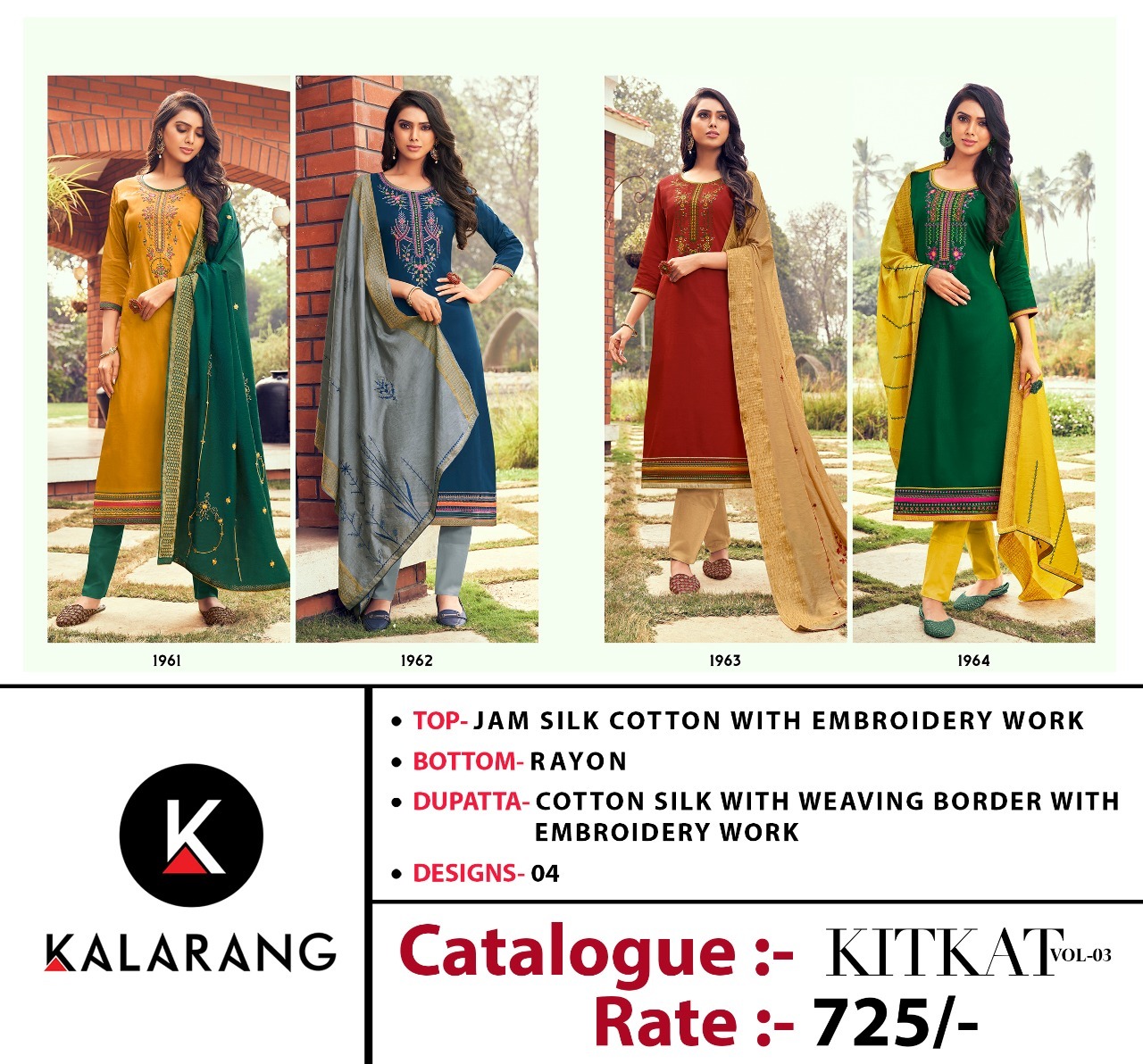 Kalarang Kitkat Vol 3 Jam Silk Cotton With Embroidery Dress Material Catalog