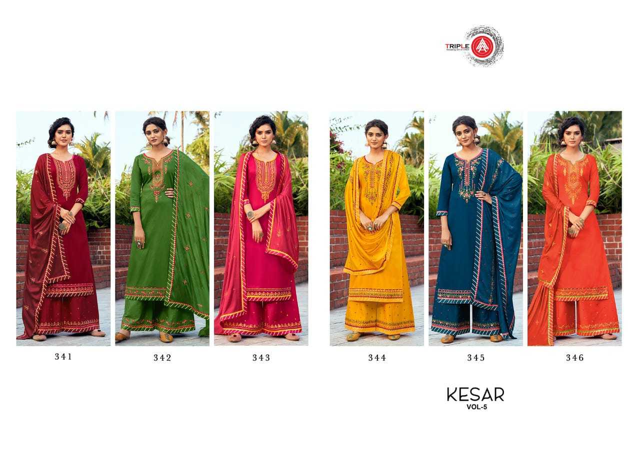 Triple Aaa Kesar Vol 5 Jam Silk With Embroidery Work Dress Material Catalog
