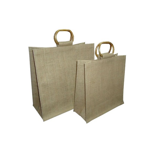 PP Laminated Jute Bag With Wooden Cane Handle