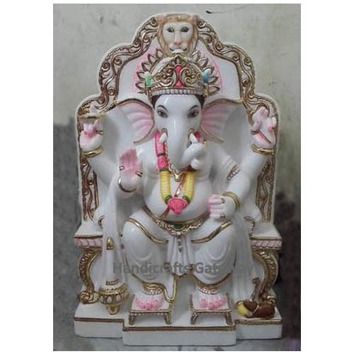 White Marble Ganesh With Singhasan Moorti