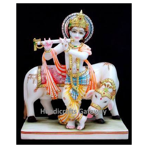 Handmade Marble Krishna Statue With Cow
