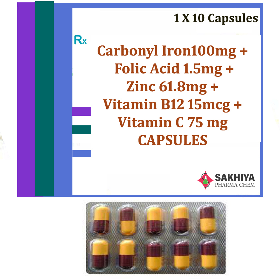 Carbonyl Iron 100mg + Folic Acid 1.5mg + Zinc 61.8mg +Vitamin B12 15mcg + Vitamin C 75 mg Capsules