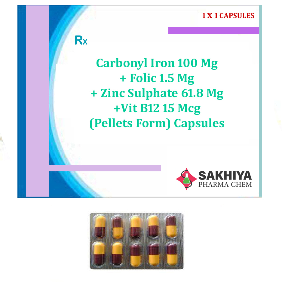 Carbonyl Iron 100mg + Folic Acid1.5mg + Zinc Sulphate 61.8mg +Vitamin B12 15mcg Capsules