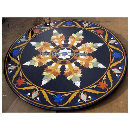 Indian Round Black Marble Inlaid Dining Table