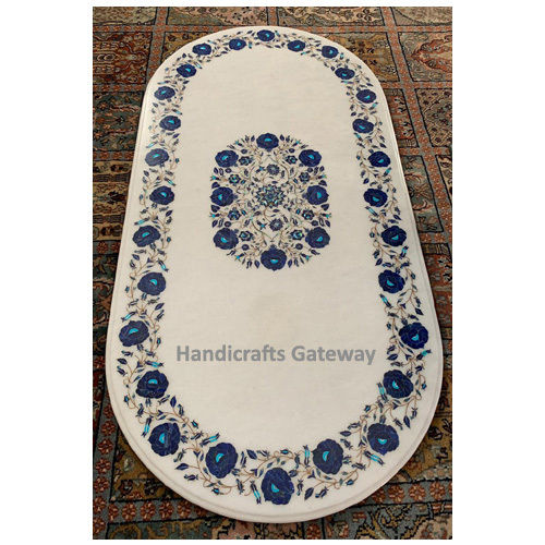 Indian White Marble Oval Shape With Stone Inlay Design Dining Table Top