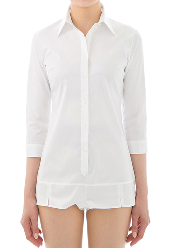(Premium) Stretch Easy Care/ Bodysuit Shirt/ 3/4 Sleeve/ White Collar Style: Classic