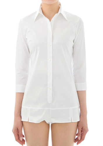 (Premium) Stretch Easy Care/ Bodysuit Shirt/ 3/4 Sleeve/ White