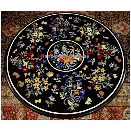 Black Marble Pietra Dura Design Round Shape Table For Home Use