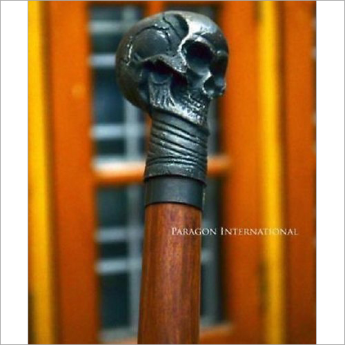 Brass Skull Victorian Antique Designer Wooden Head Walking Stick Vintage Shaft