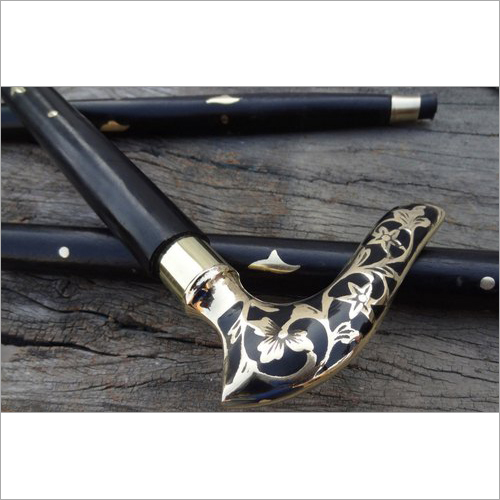 Vintage Designer Silver Brass Curved Shape Handle Wooden Vintage Walking Cane
