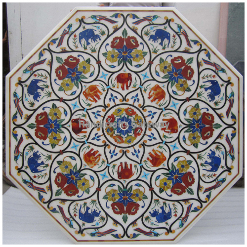 White Marble Inlay Design Octagonal Coffee Table