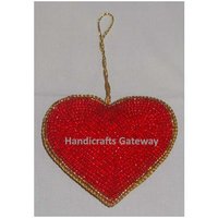 Red Zari Hand Embroidery Christmas Heart Shape Ornaments