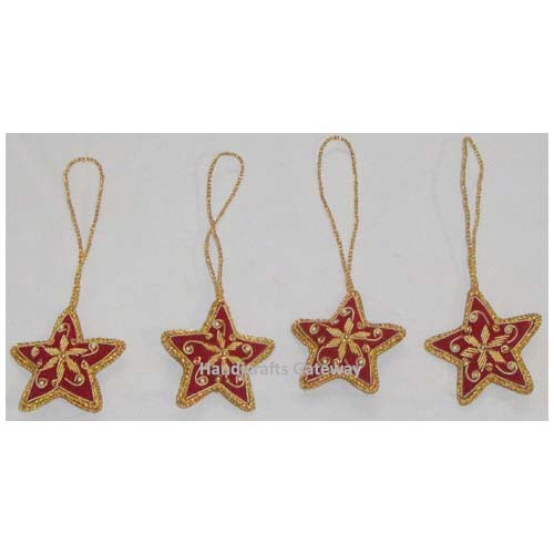 Red Hand Embroidery Star Shape Christmas Hanging Ornament