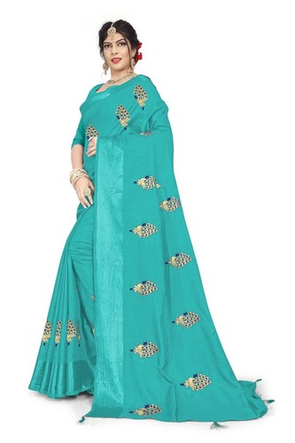 Sky Blue New Stylish Embroidery  Work Sarees