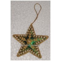 Green Fabric And White Bead Star Shape Christmas Hanging Ornament