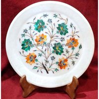 White Exclusive Marble With Semi Precious Malachite Stone Flower Design Plate