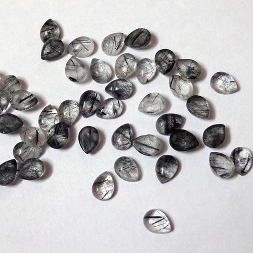 4x6mm Black Rutilated Quartz Pear Cabochon Loose Gemstones