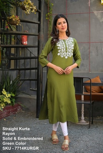 Green Embroidered Rayon Printed Kurti