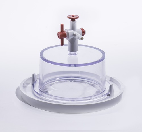Mini Vacuum Desiccator - Polycarbonate Top, 740mm Hg Vacuum Rating, White Polypropylene Base - Rapid Sample Degassing, PTFE Stopcock, Compact Size