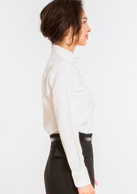 (Premium) Stretch Easy Care Shirt/ Ruffled Stand Collar/ Long Sleeve/ Stripe White