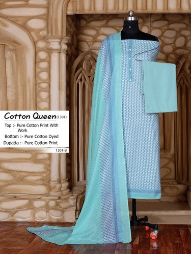 Cotton Queen-1301 Pure Cotton Print Dress Materials - Top: Pure Cotton Print With Work, Bottom: Pure Cotton Dyed, Dupatta: Pure Cotton Print | Style: Other Style, Texture: Printed, Recommended Season: Summers