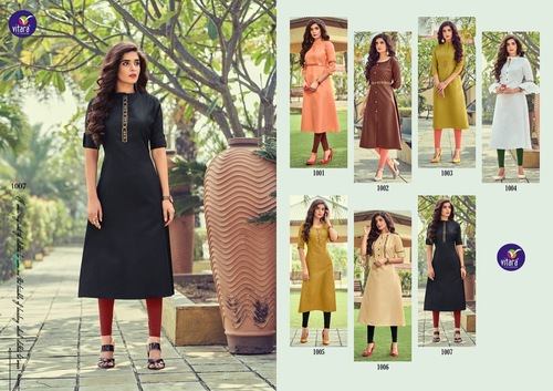 BENCHMARK Exclusive Designer Cotton Slub Kurtis - Cotton Slub, Size M-38/L-40/XL-42, Length 46-48 inches | 3-4th Sleeve, Embroidered Pattern, Quick Dry, Washable