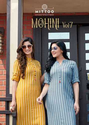 Mohini Vol 7 - Rayon Weaving Stripes Kurtis With Cotton Lycra Pant, 3-4th Sleeves, Washable, Quick Dry, Ladies Ethnic Party Wear