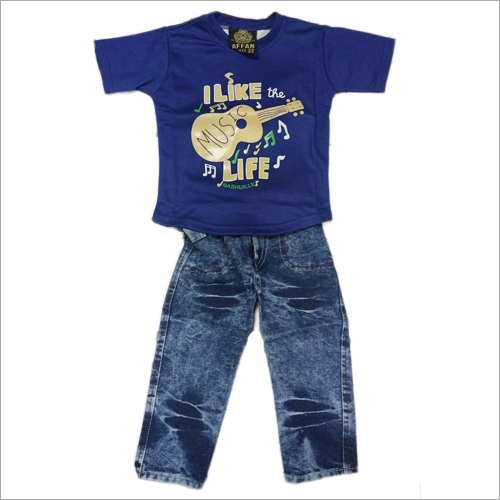 Kids Wear T Shirt With Denim Pant Set - Cotton Blend Trendy Print Design for Boys | Washable All-Season Comfort and Style