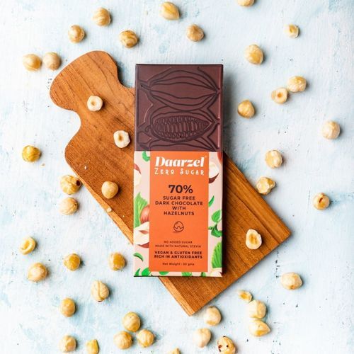 Sugar Free Dark Chocolate | 70% Cocoa With Hazelnuts | Vegan | Gluten Free | No Added Sugar | Made with Stevia | 50g