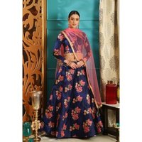 Dull Satin With Digital Print Lehenga Choli - Color: Navy Blue