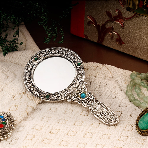 Small Silver Polished Hand Mirror 3 Stone