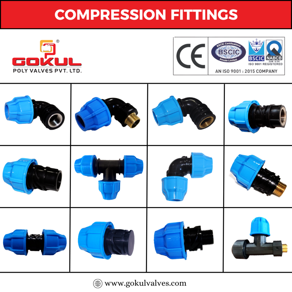 MDPE Compressor Fittings - PP Material, 20mm to 160mm Size, Black and Blue Color | Suitable for PP and HDPE Pipe Fitting Applications