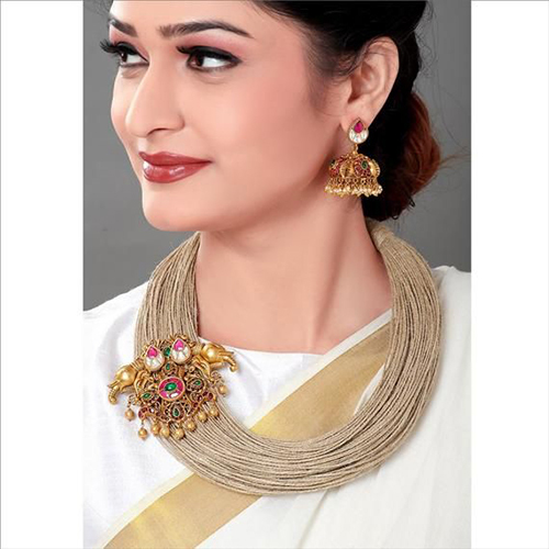 Antique Gold Plated Jute Thread Multi-Layered Ruby Stone Elephant Design Necklace