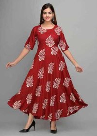Womanica Trendy Rayon Kurtis Gown - Rayon 140 Gm, Sizes M 38 To Xxl 44, Maroon Color, Below Knee Length, 3/4 Sleeves, Ethnic Style | Quick Dry, Washable, Printed Pattern