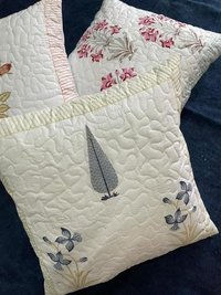 Hand Block Printed Cotton Quilted Cushion Cover - 16x16 Inches | Floral Pattern, Zipper Closure, Elegant White Design