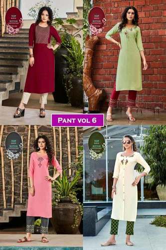 Pant Vol 6 Rayon, Cotton Flex Kurti With Pant Set - Rayon, Cotton Flex Fabric, Sizes M, L, XL, XXL, 3XL | Embroidered Pattern, 3-4th Sleeve, Quick Dry, Washable, Traditional Ethnic Party Wear