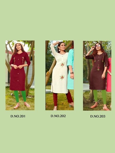 Gunjan Vol 2 Daily Wear Slub Cotton Embroidery Kurtis Catalogue - SLUB COTTON, Sizes M, L, XL, XXL, 3XL, Length 42'' , 3/4 Sleeve - Casual, Formal, Quick Dry, Embroidered A-Line