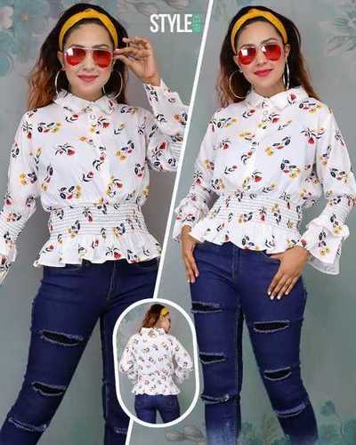 Rayon Women Top - Regular Fit, Long Sleeves Floral Design in Ivory White with Button Closure
