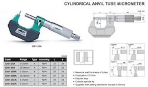 Insize 3261-25da Cylindrical Anvil Tube Micrometer - Plastic Material, 22 Inch Length, White Color | Wall Thickness Measurement, 0.01 mm Graduation, Carbide Spindle Tip