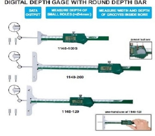 Insize 1148-200 Digital Depth Gage - Stainless Steel, 0-200mm Range, 0.03mm Accuracy | Features: Automatic Power Off, Three Interchangeable Points, Data Output Capability, 230V Power